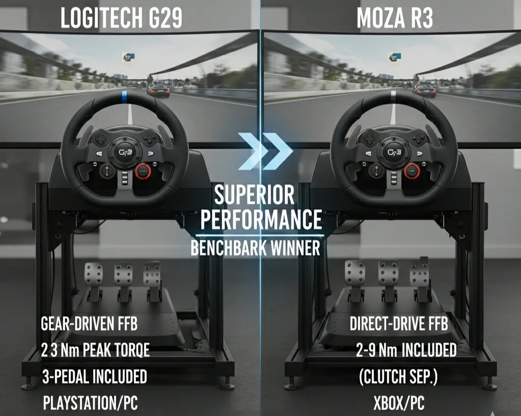 Benchmark of Logitech G29 vs Moza R3